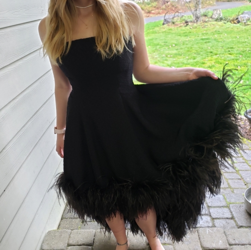 Ann Lawrence designer black ostrich feather formal dress